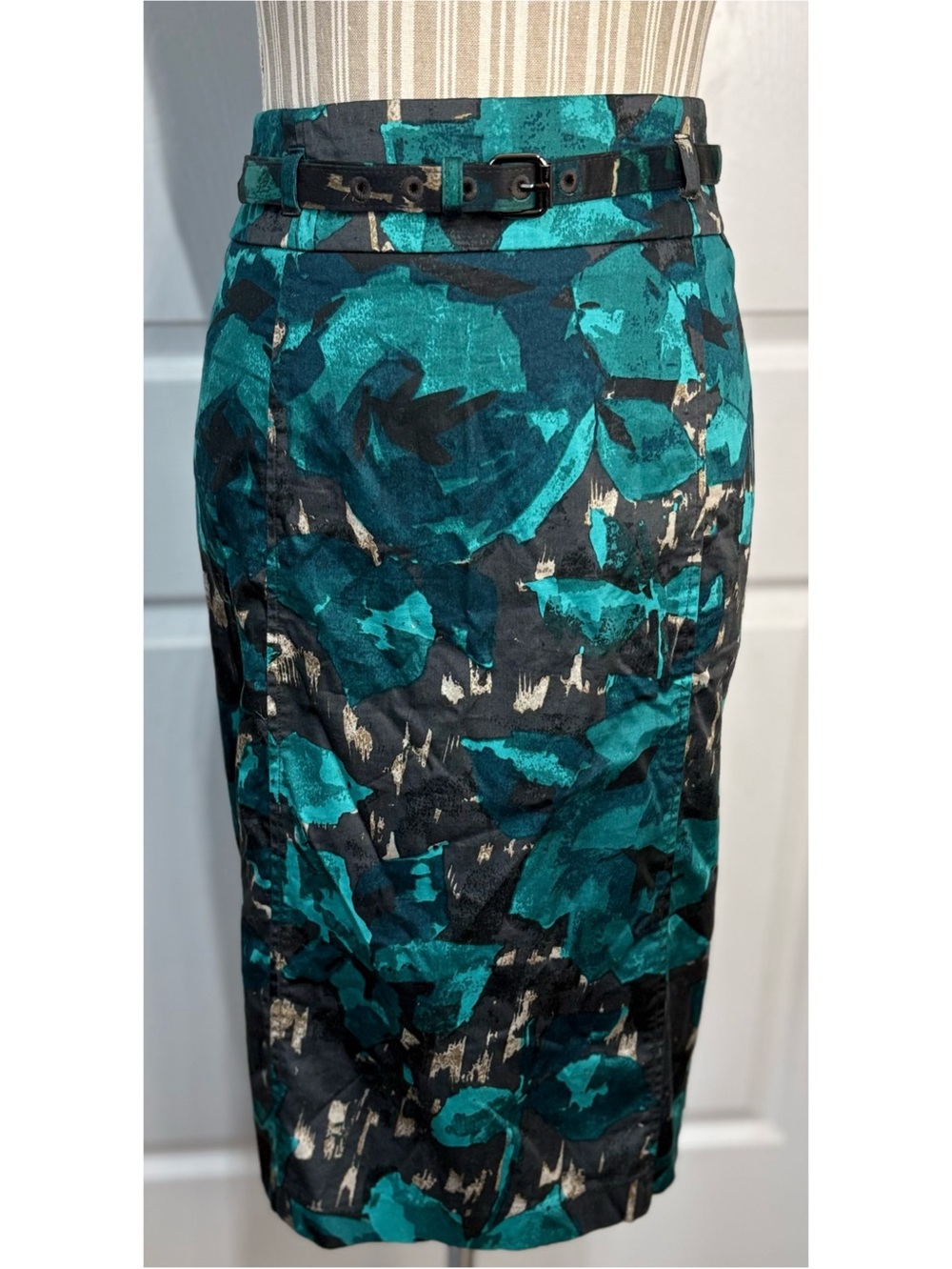 New York & Co Turquoise and Black Sateen Belted Pencil Wiggle Skirt Size 14